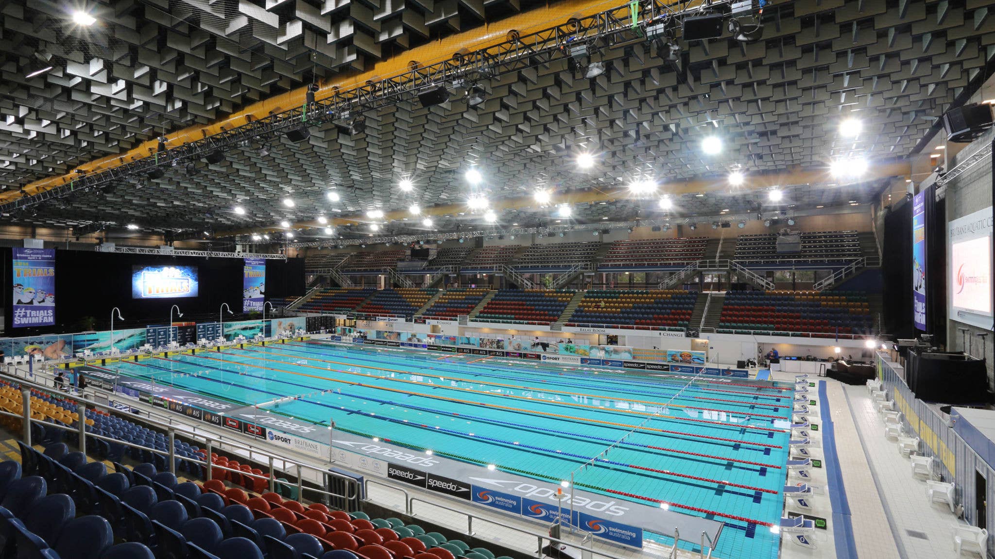 Inside the Brisbane Aquatic Centre a 50m Olympic Pool surrounded by seating