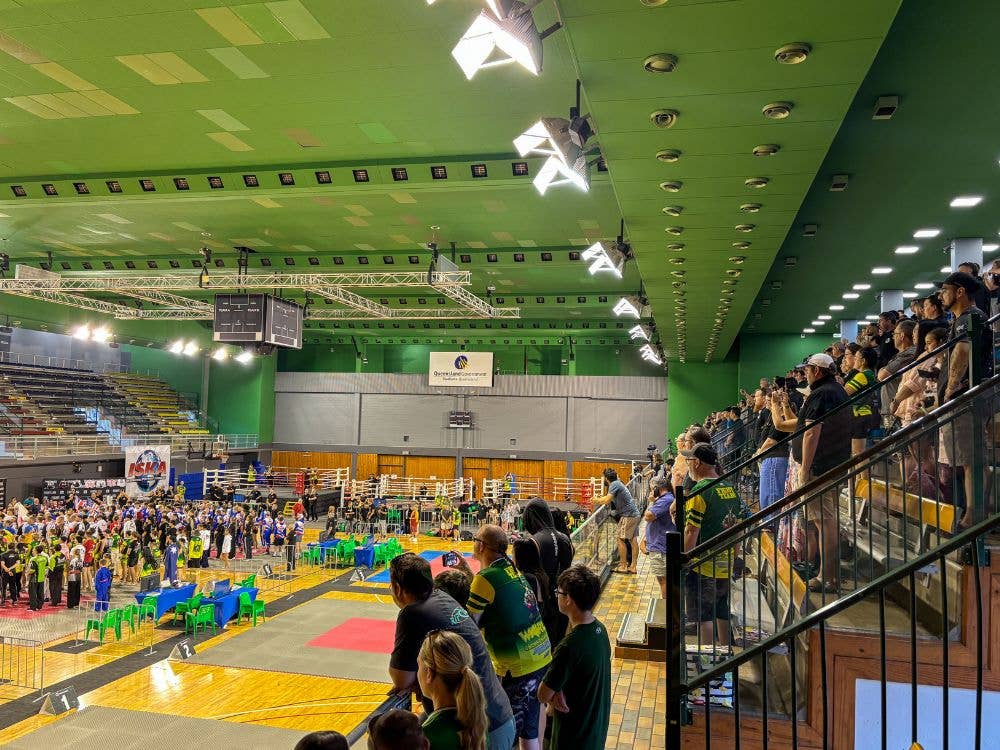 The main courts at Chandler Arena as seen from the seating banks