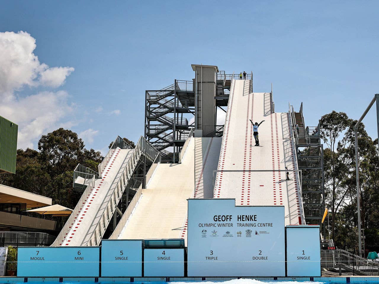 A series of outdoor ski jumps of varying heights