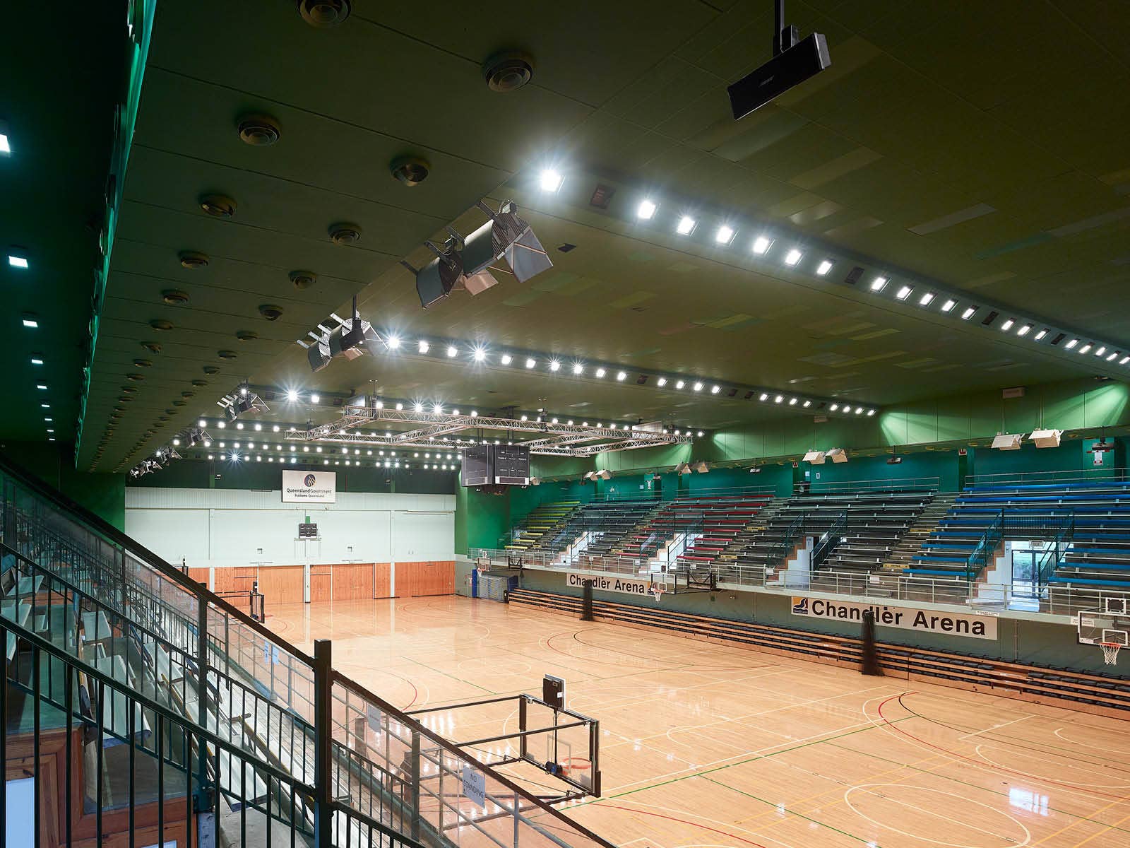 The main courts at Chandler Arena as seen from the seating banks