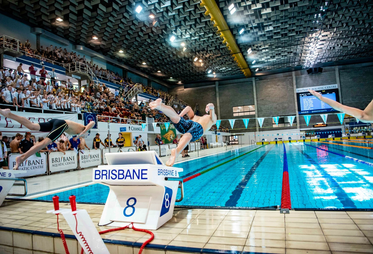 Swimmers diving off the block
