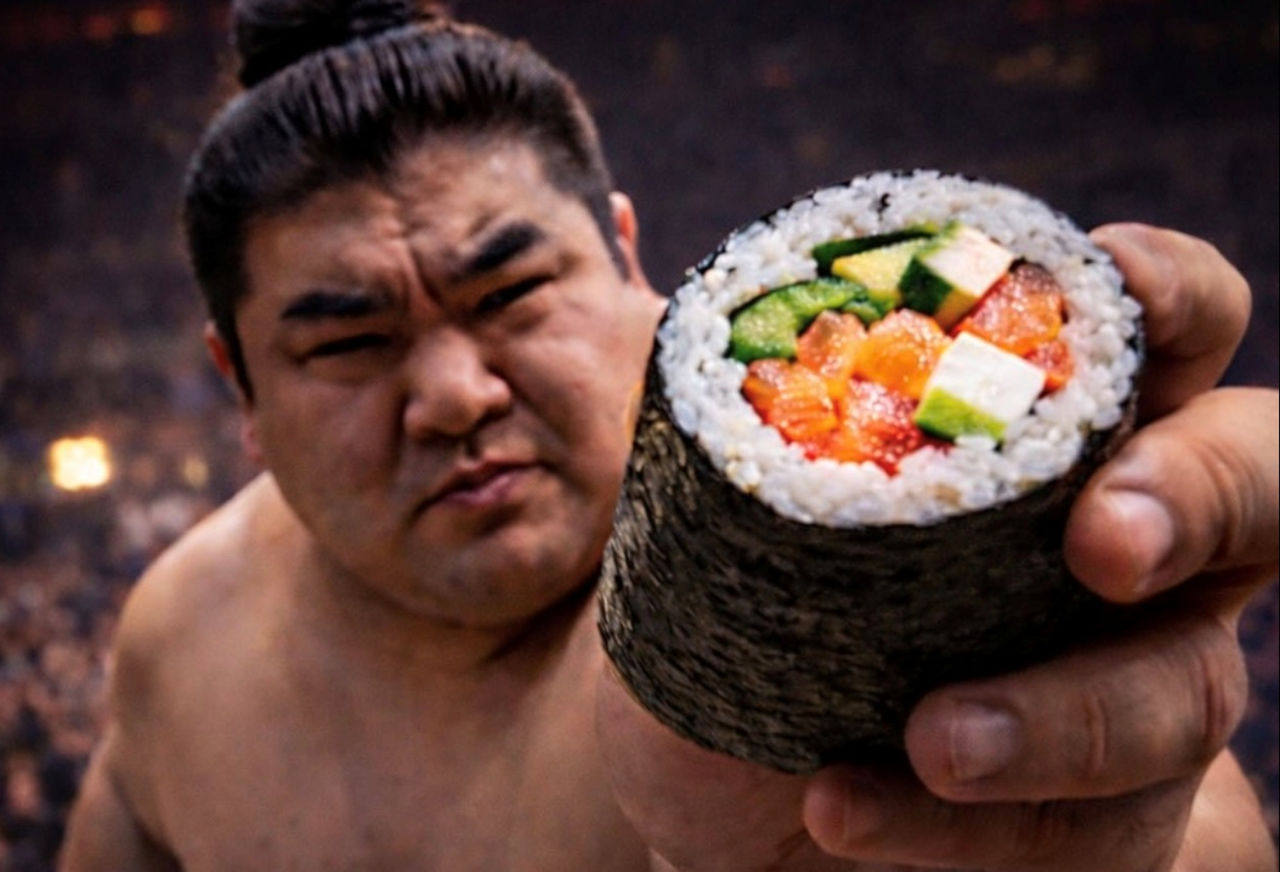 Sumo wrestler with sushi