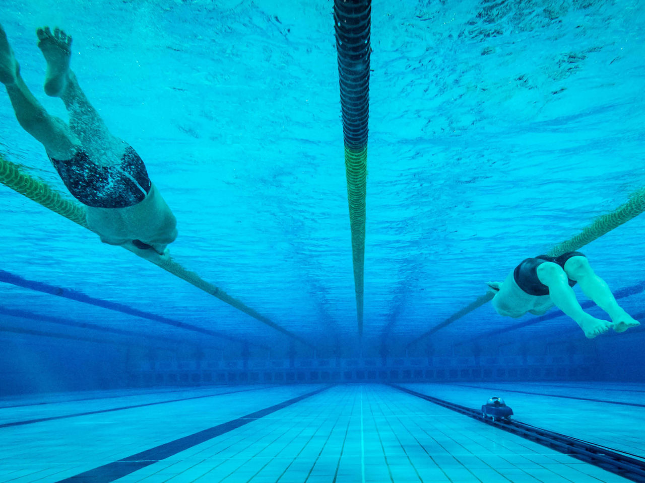 Under water image of swimmers in lanes